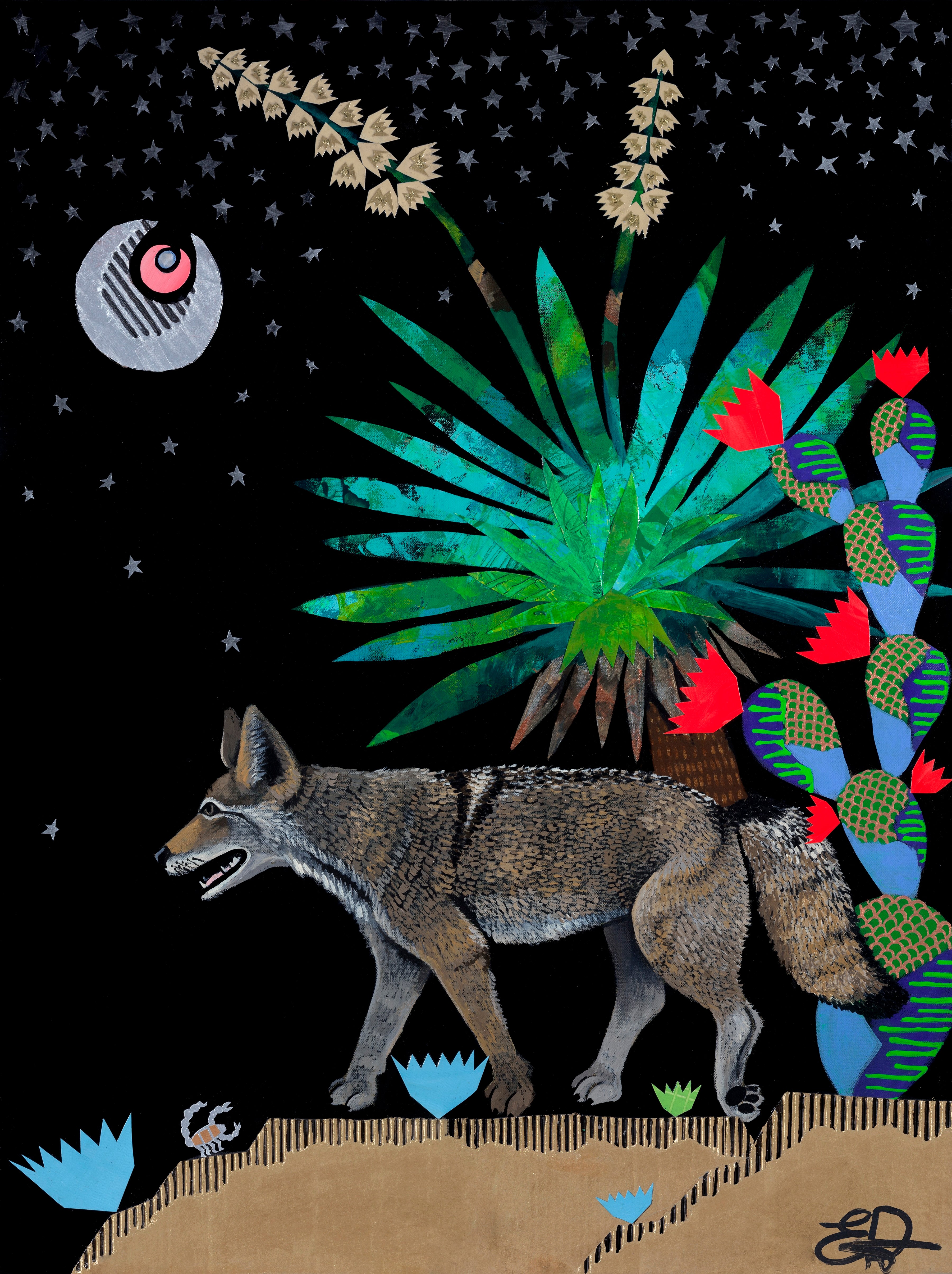 "Cactus Coyote" Mixed Media on Canvas